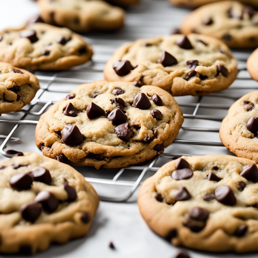A batch of freshly baked Chocolate Chip Cookies on a cooling rack, golden brown with gooey chocolate chunks.