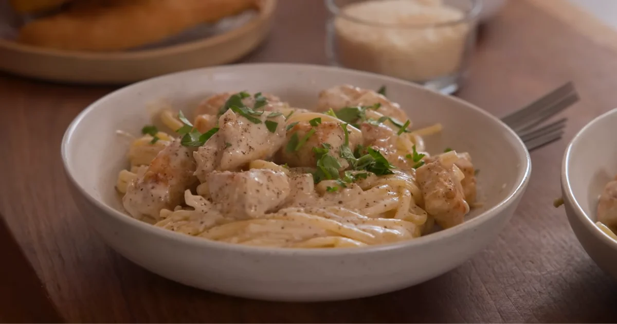 Creamy garlic parmesan chicken pasta with tender chicken and rich sauce.