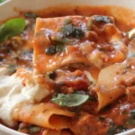 A bowl of Vegan Lasagna Soup garnished with fresh basil and vegan cheese.