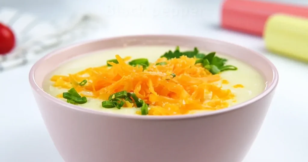 A bowl of creamy 4-Ingredient Potato Soup topped with fresh herbs and a sprinkle of vegan cheese.