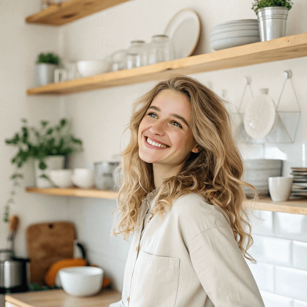 Chef Emely smiling in her modern kitchen, sharing homemade recipes on GrandmoRecipies.com
